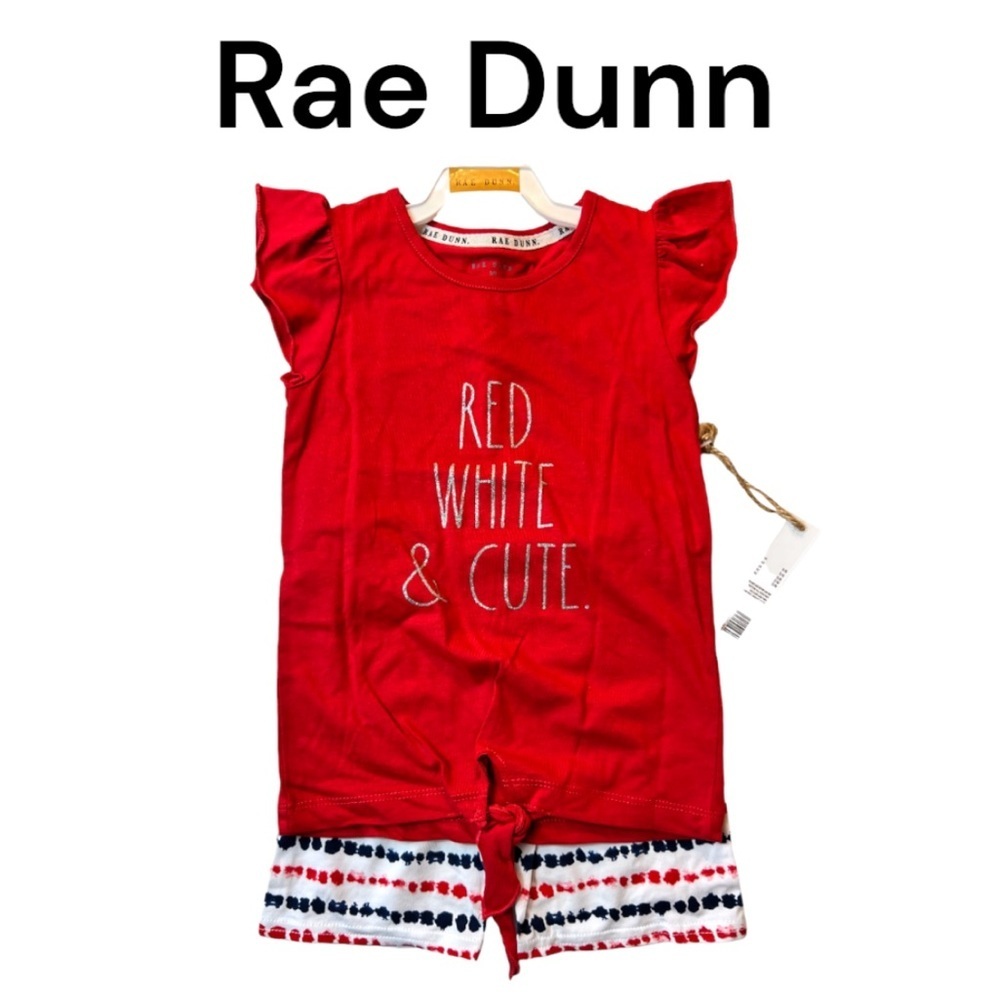 NWT Rae Dunn Patriotic 4th Of July “Red White & Cute” 2 Piece Outfit Size 5/6